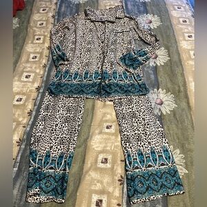 Body Touch Classic Women's Pajama Pants Set SzM Blk Teal Animal Boho Geo Print